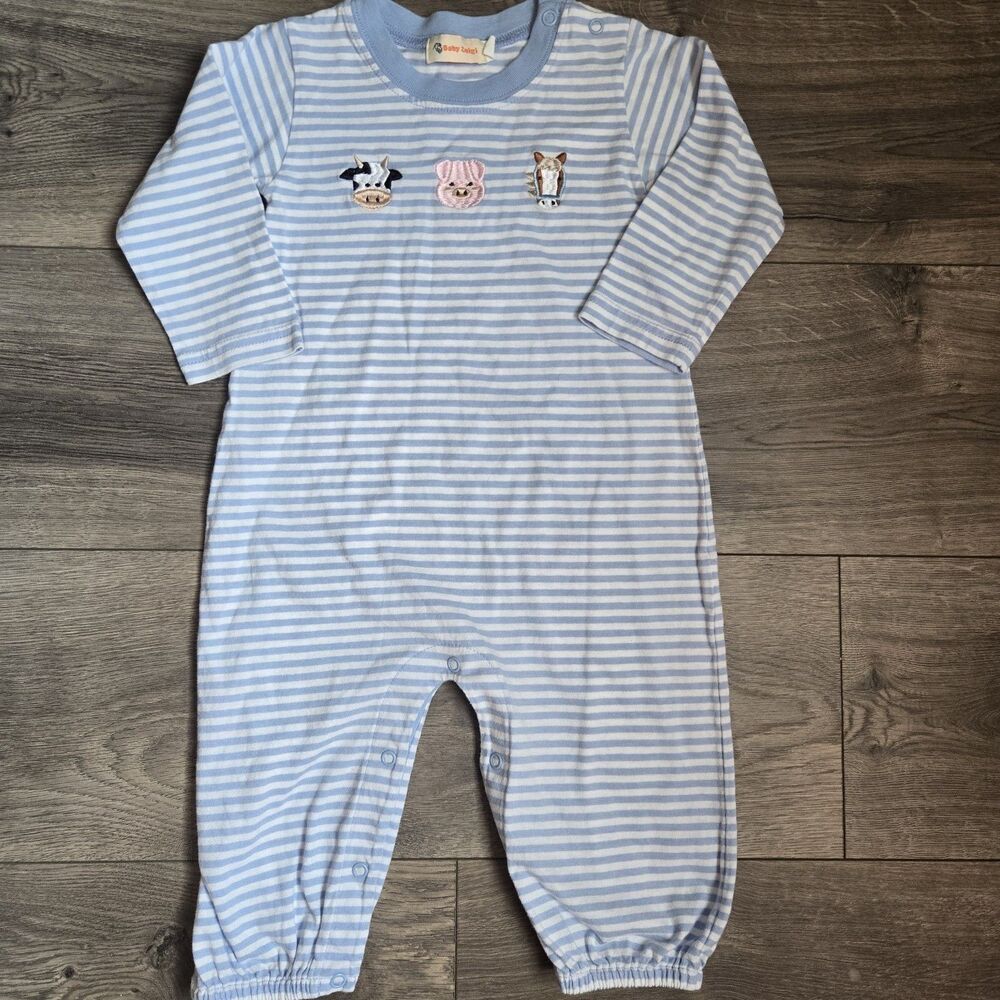 Baby Luigi Farm Romper 24M Blue White Stripe Embroidered 100% Cotton Heirloom